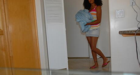 Foxy ebony babe Leah Luxxx in sexy undies unveils tiny tits and jerks off 